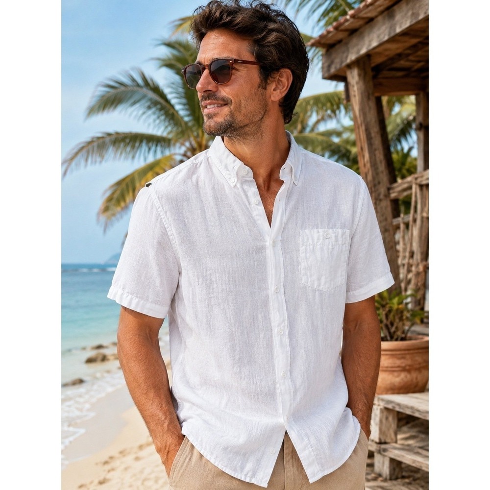 Weatherproof Vintage‎ White Linen Button Front Short Sleeve Shirt Men's XL Beach